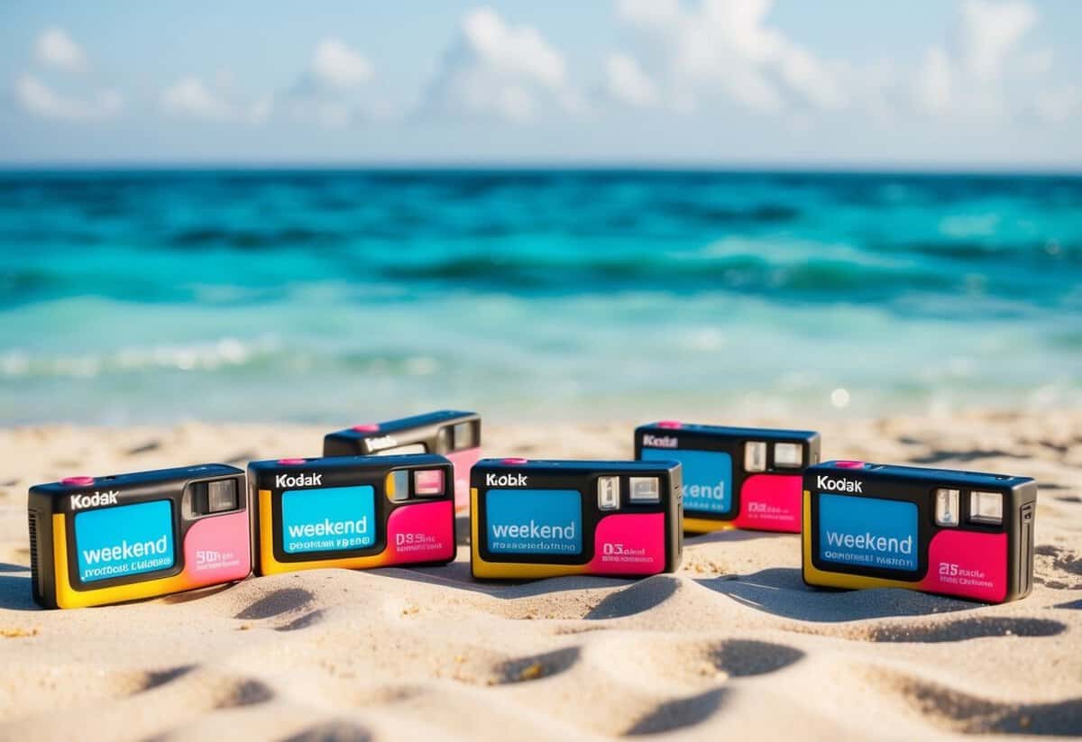 A group of Kodak Weekend Underwater disposable cameras arranged on a sandy beach with a backdrop of crystal-clear ocean water