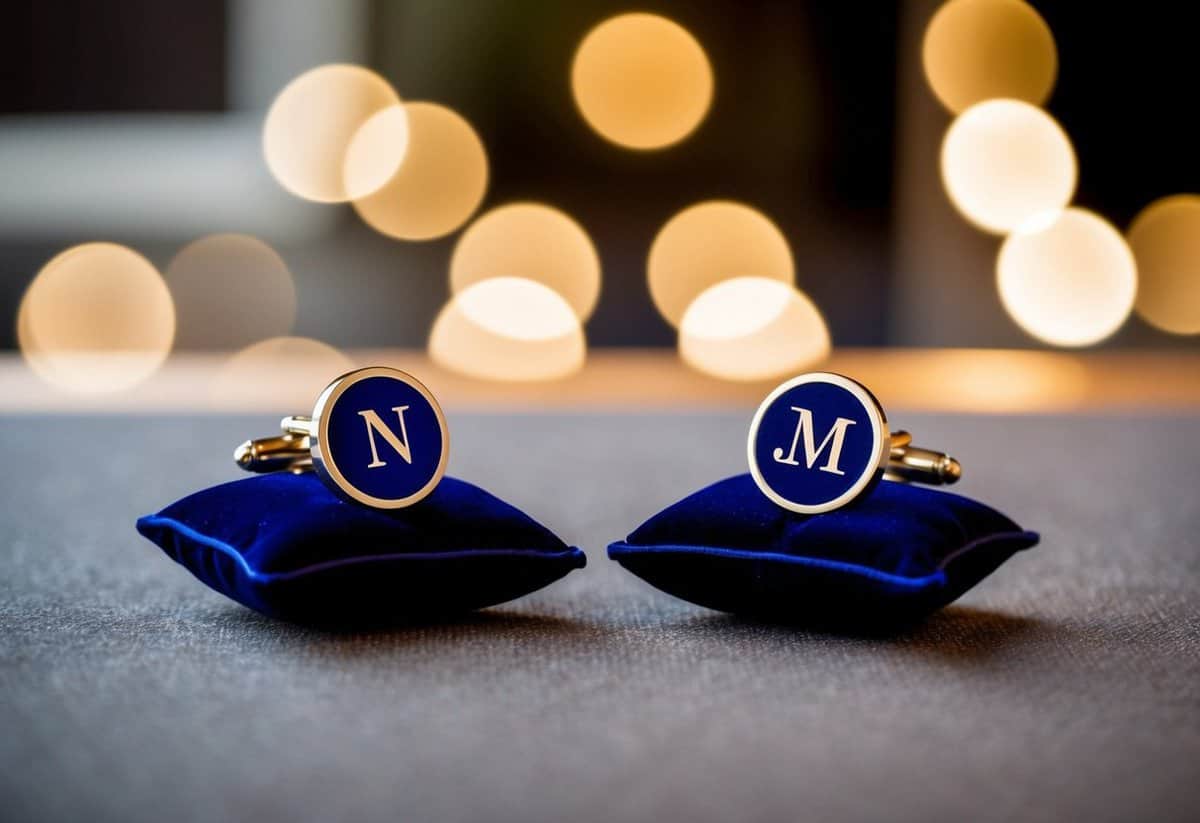 Two elegant cufflinks with personalized initials on a velvet cushion