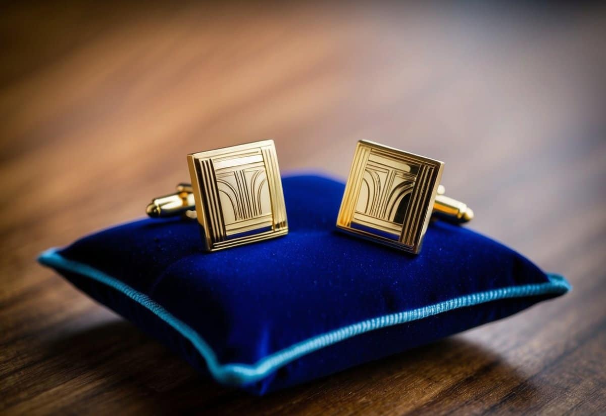 A pair of elegant, gold cufflinks with art deco design, resting on a velvet cushion