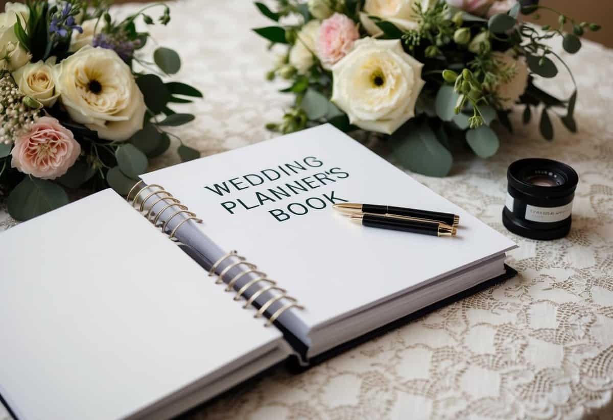 A wedding planner's book open on a table, surrounded by elegant floral arrangements and a lace tablecloth