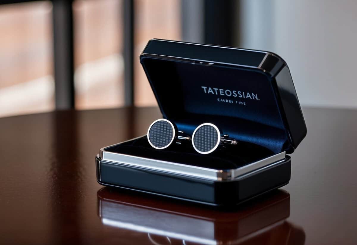 A sleek, modern cufflink box sits open on a polished wooden table, revealing a pair of Tateossian Carbon Fiber Cufflinks nestled in black velvet