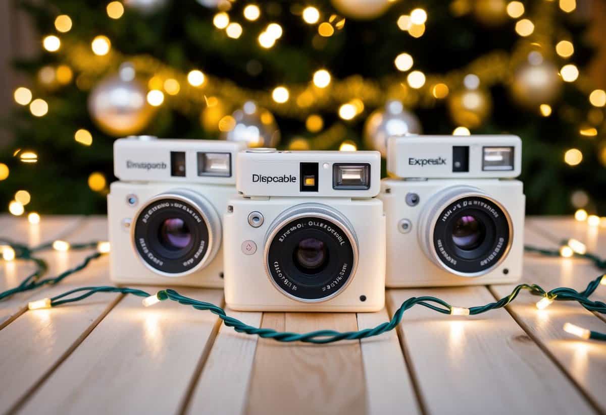 A table set with wedding disposable cameras, surrounded by festive decorations and twinkling lights