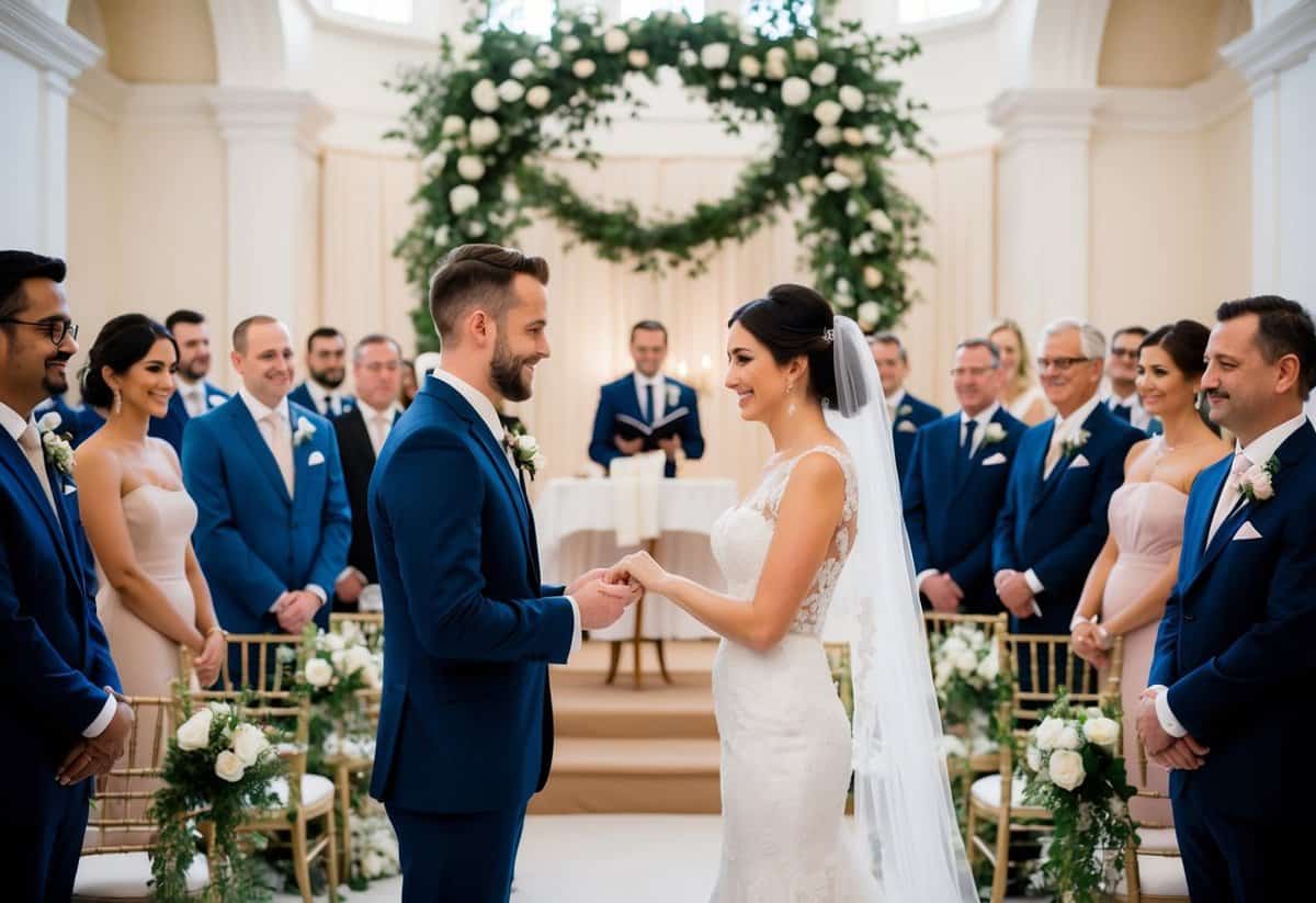 A bride and groom exchanging vows at a beautifully decorated ceremony, surrounded by elegantly dressed guests following proper wedding etiquette