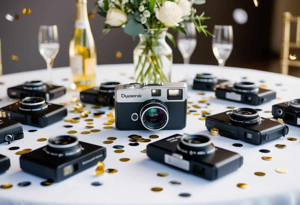 A table scattered with disposable cameras, surrounded by confetti and wedding decorations, capturing candid moments