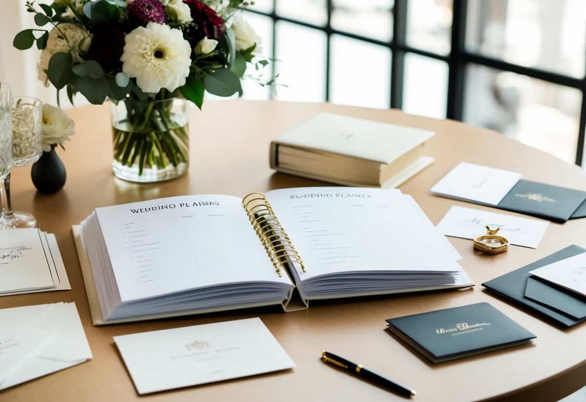 A wedding planner book open on a table, surrounded by elegant stationery and a bouquet of flowers