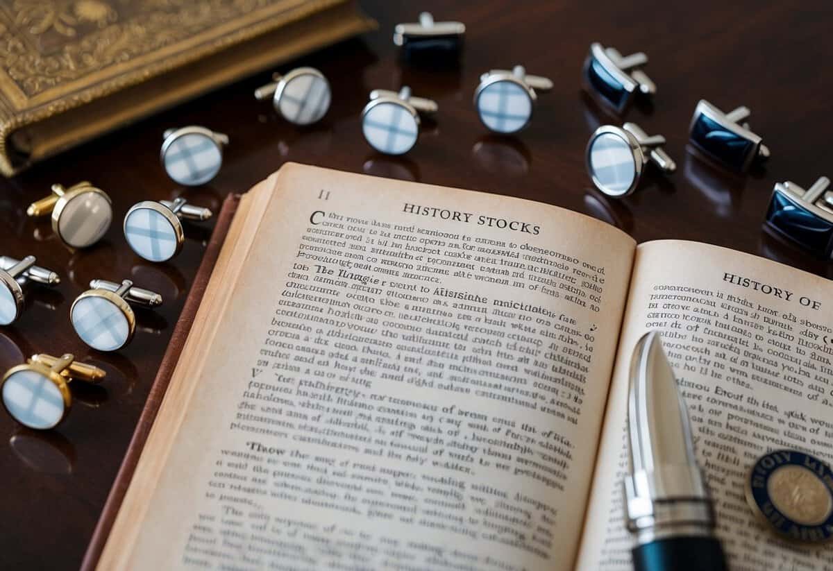 A vintage desk with an open book on the history of cufflinks, surrounded by various styles of wedding cufflinks