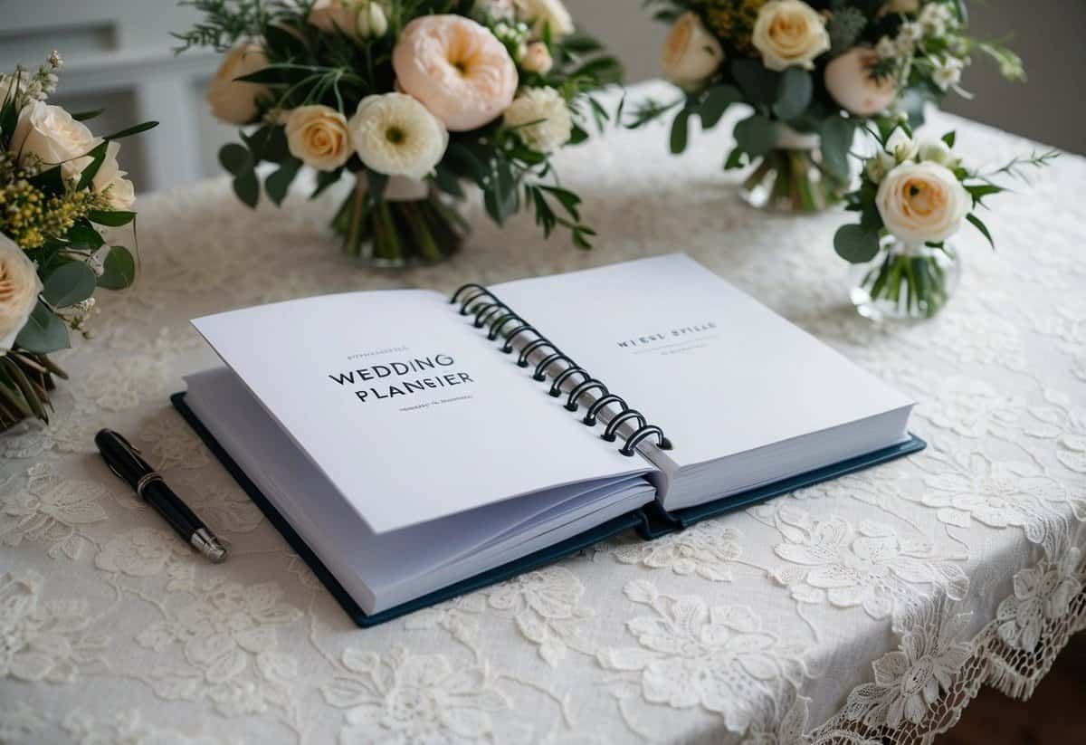 A wedding planner book open on a desk, surrounded by elegant floral arrangements and a lace tablecloth