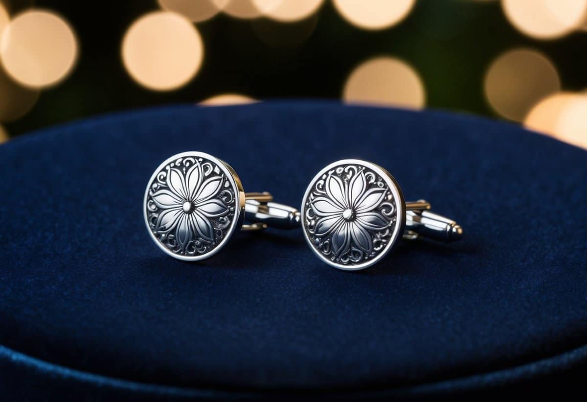 A pair of silver cufflinks with intricate floral designs, set against a dark velvet background