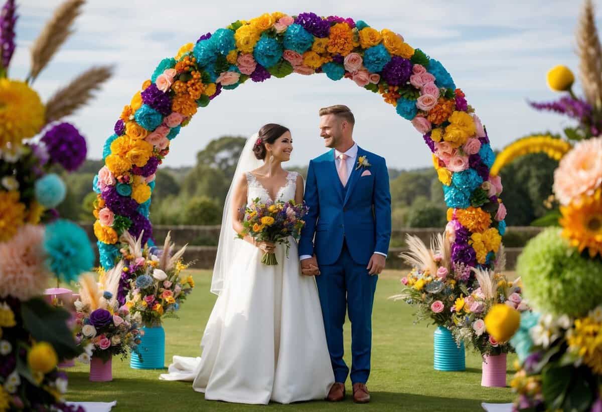 A bride and groom standing under a colorful, non-traditional wedding arch, surrounded by quirky decorations and unique floral arrangements