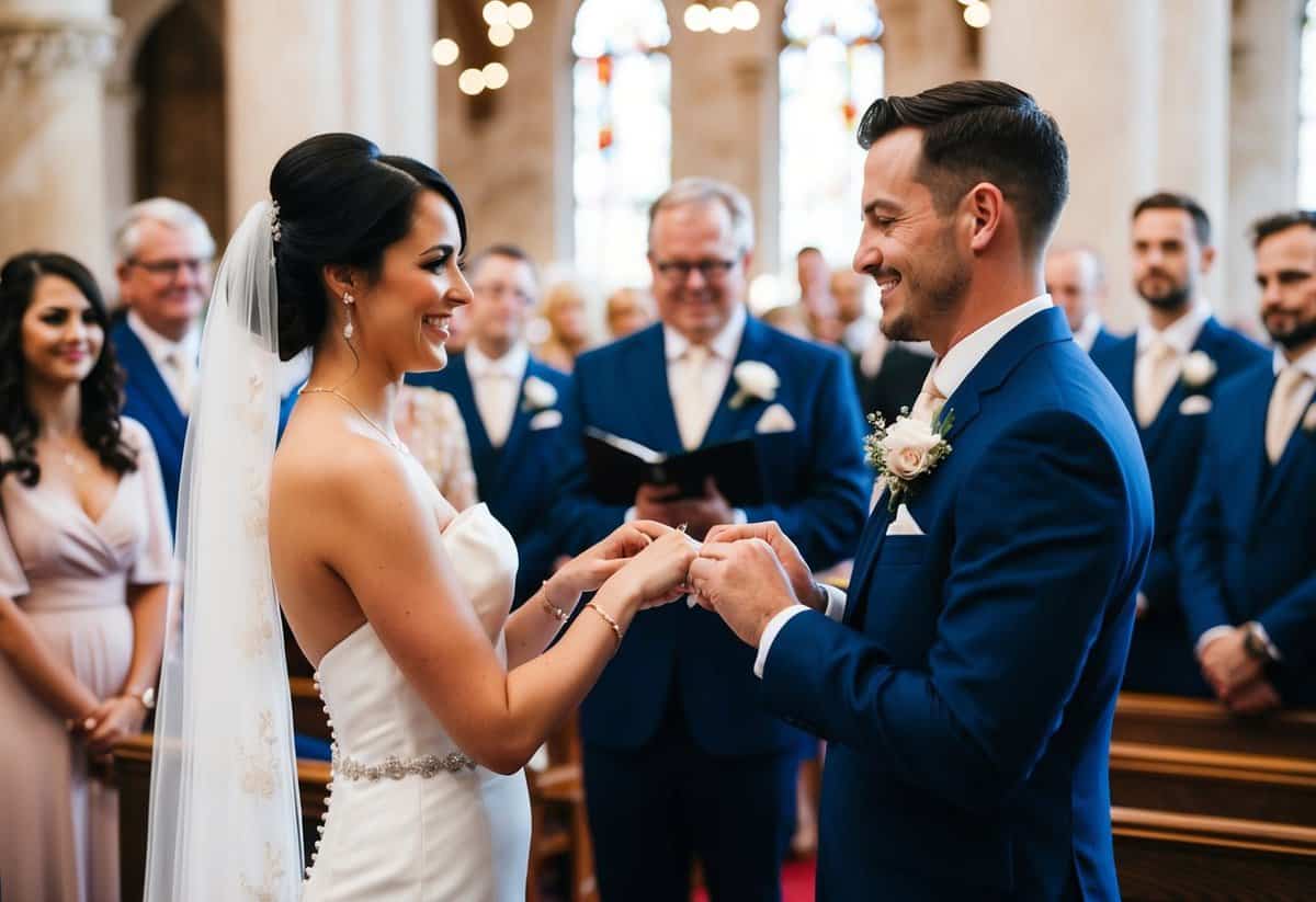 A bride and groom exchanging rings at the altar while guests look on