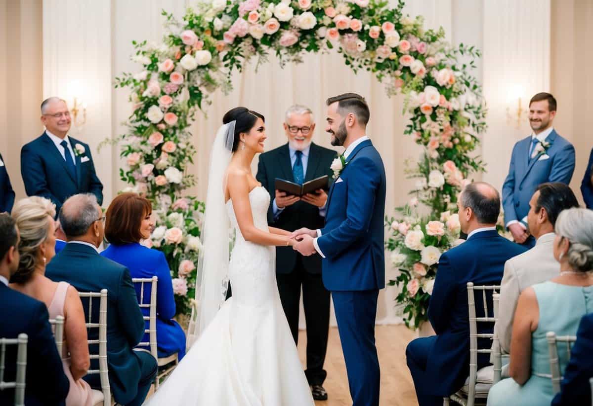 A bride and groom exchanging vows at an elegant ceremony, with guests seated in formal attire and a beautiful floral arrangement as the backdrop