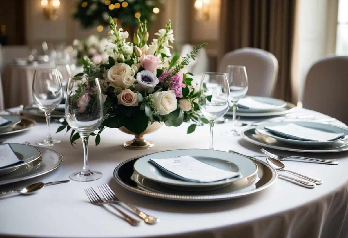 A beautifully set table with elegant place settings, floral centerpieces, and polished silverware, creating a sophisticated and formal atmosphere