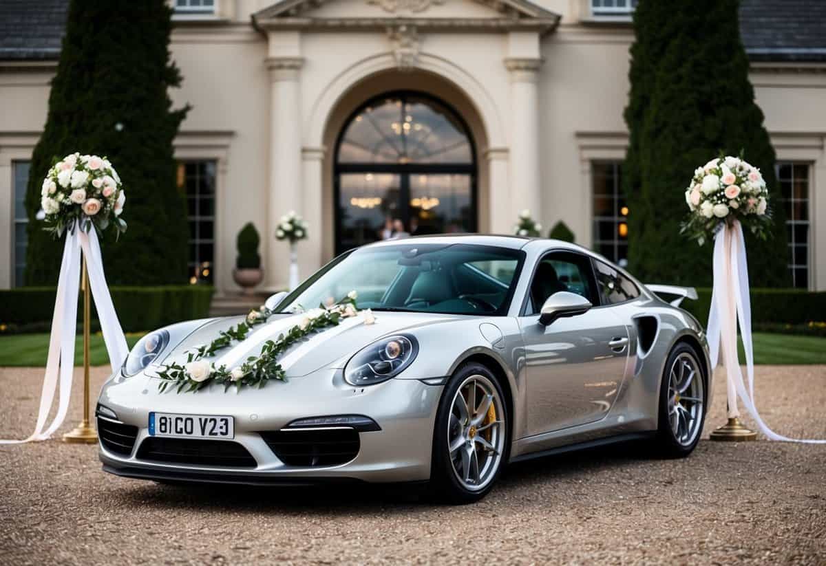 A sleek Porsche 911 parked in front of a grand wedding venue, adorned with ribbons and flowers, ready for the newlyweds' departure