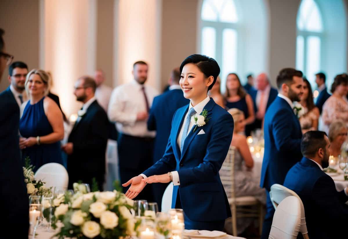 A person gracefully navigating through a crowded wedding reception, tactfully diffusing potential conflicts with a smile and calm demeanor