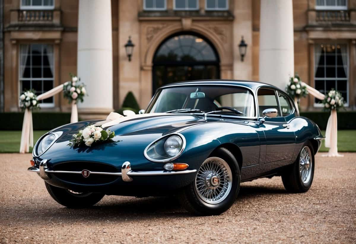 A sleek Jaguar E-Type parked in front of a grand wedding venue, adorned with ribbons and flowers, ready to whisk the newlyweds away