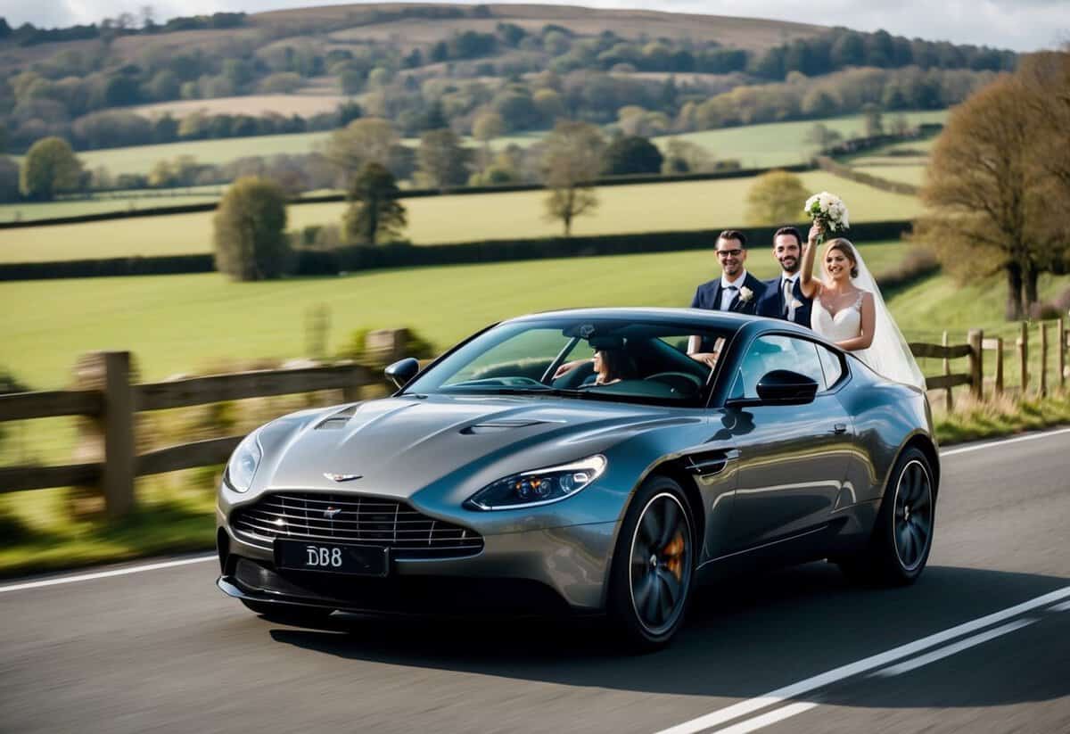 A sleek Aston Martin DB5 speeds through a picturesque countryside, adorned with wedding decorations, as newlyweds wave from the backseat