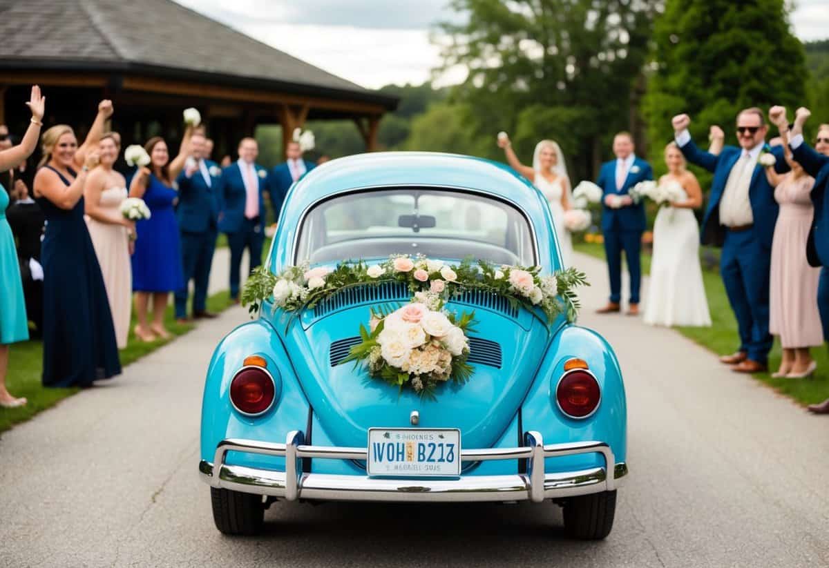 A vintage Volkswagen Beetle adorned with flowers drives away from a wedding venue, surrounded by cheering guests