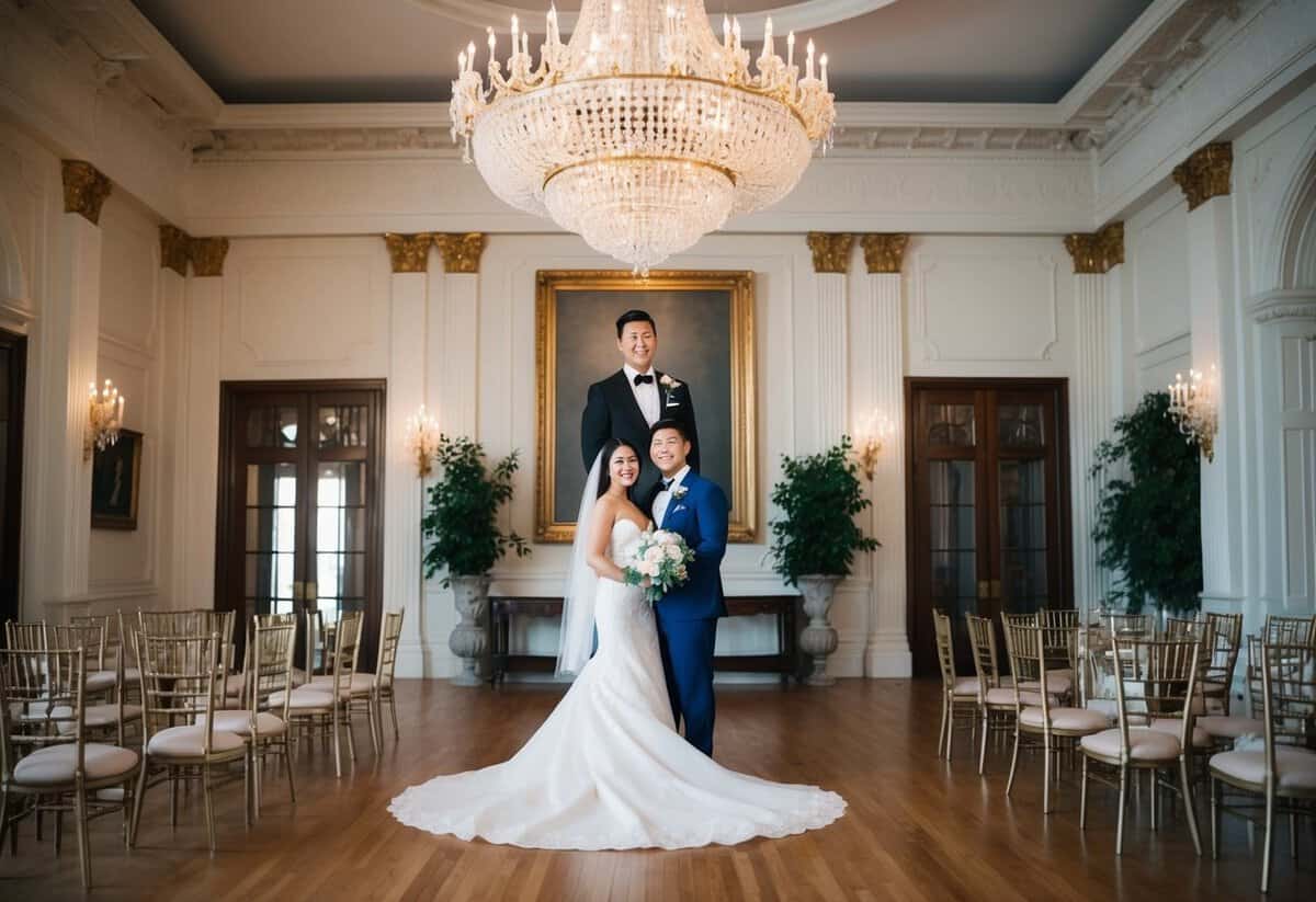 A grand ballroom with a chandelier, ornate chairs, and a large portrait of a bride and groom in formal attire