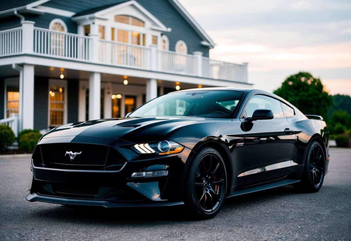 A sleek, black Mustang GT parked in front of a wedding venue, ready to whisk the newlyweds away in style