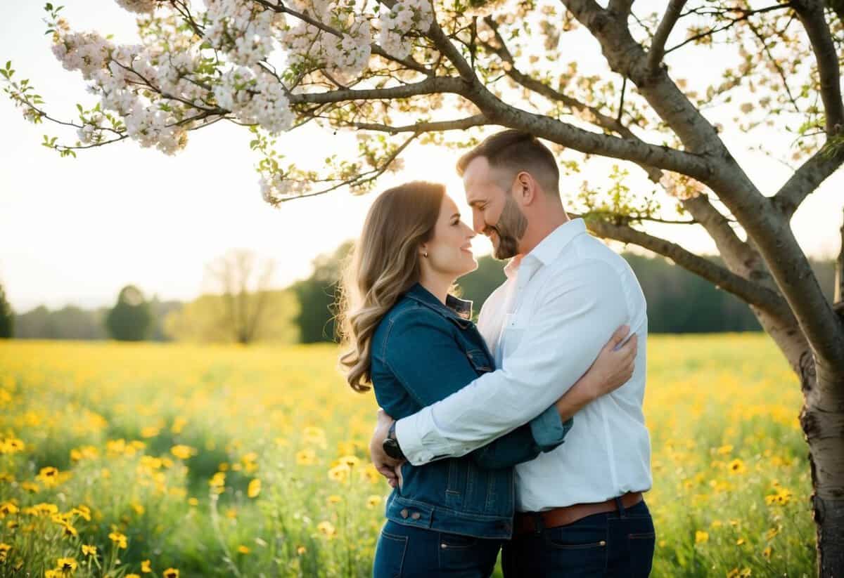 A rustic couple embraces under a blooming tree in a sun-drenched meadow