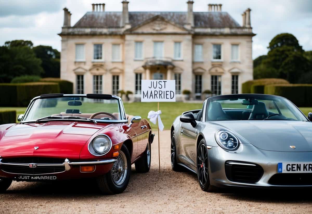 A vintage convertible and a sleek sports car parked side by side in front of a grand mansion with a "Just Married" sign tied to the back