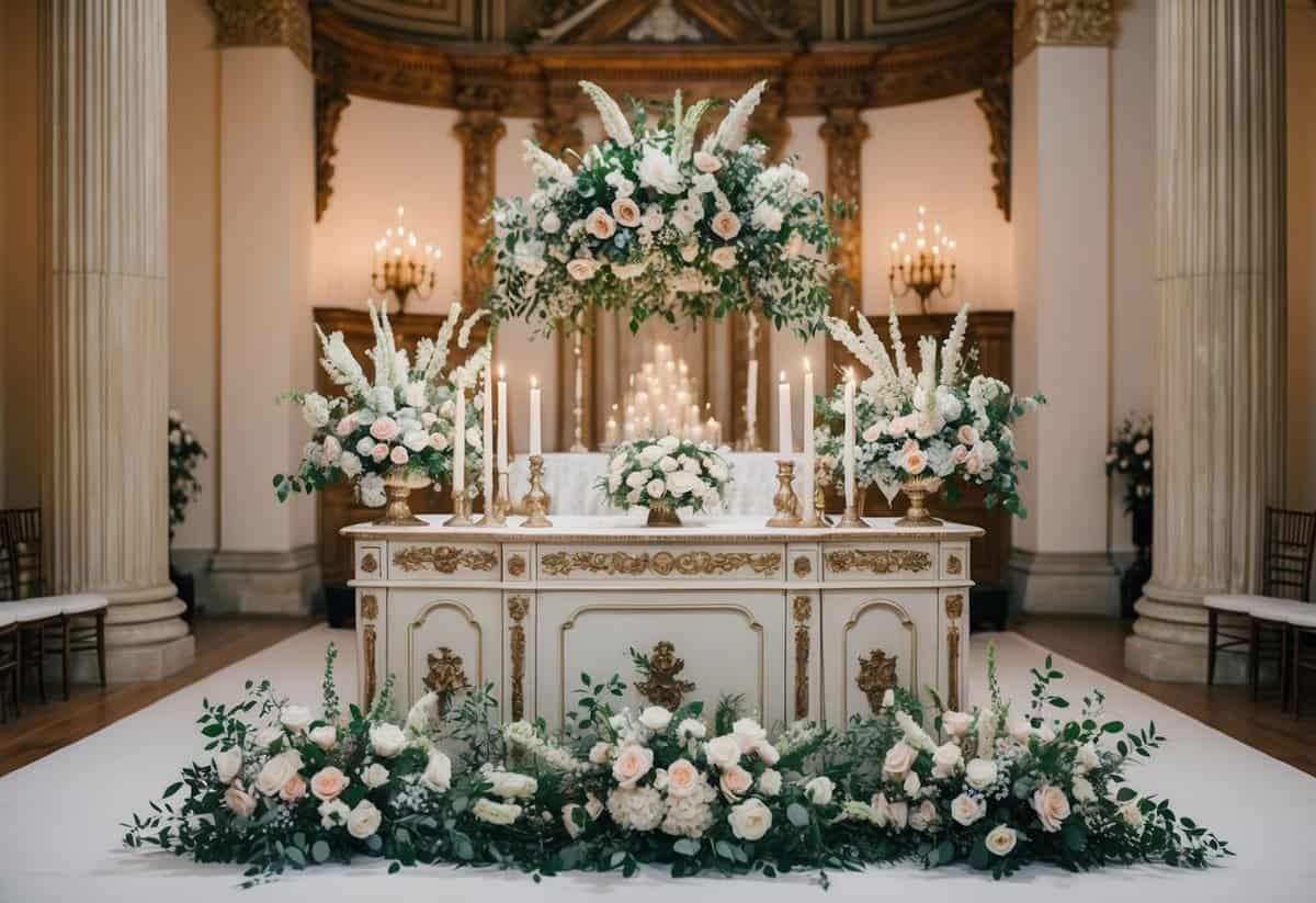 An ornate vintage wedding altar with floral arrangements and candles