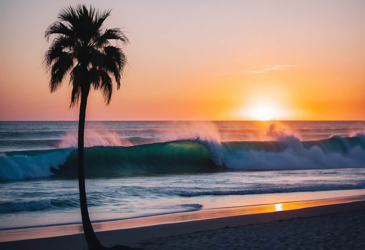 A vibrant beach sunset with crashing waves and silhouetted palm trees