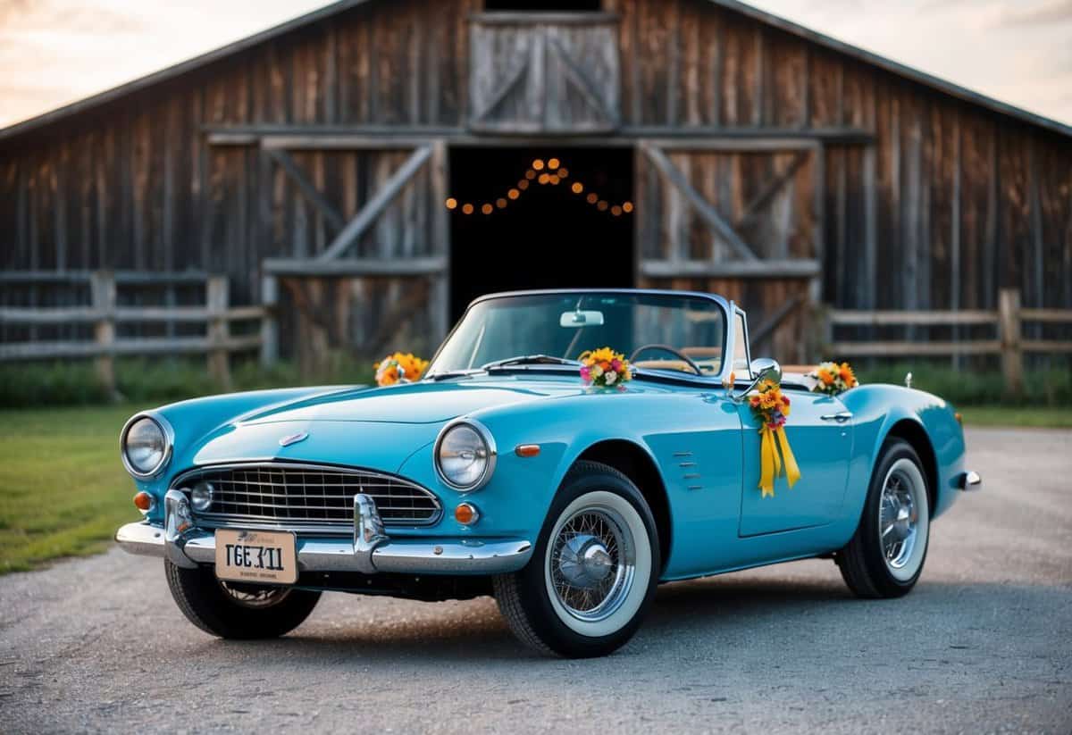 A vintage convertible adorned with flowers and ribbons, parked outside a rustic barn