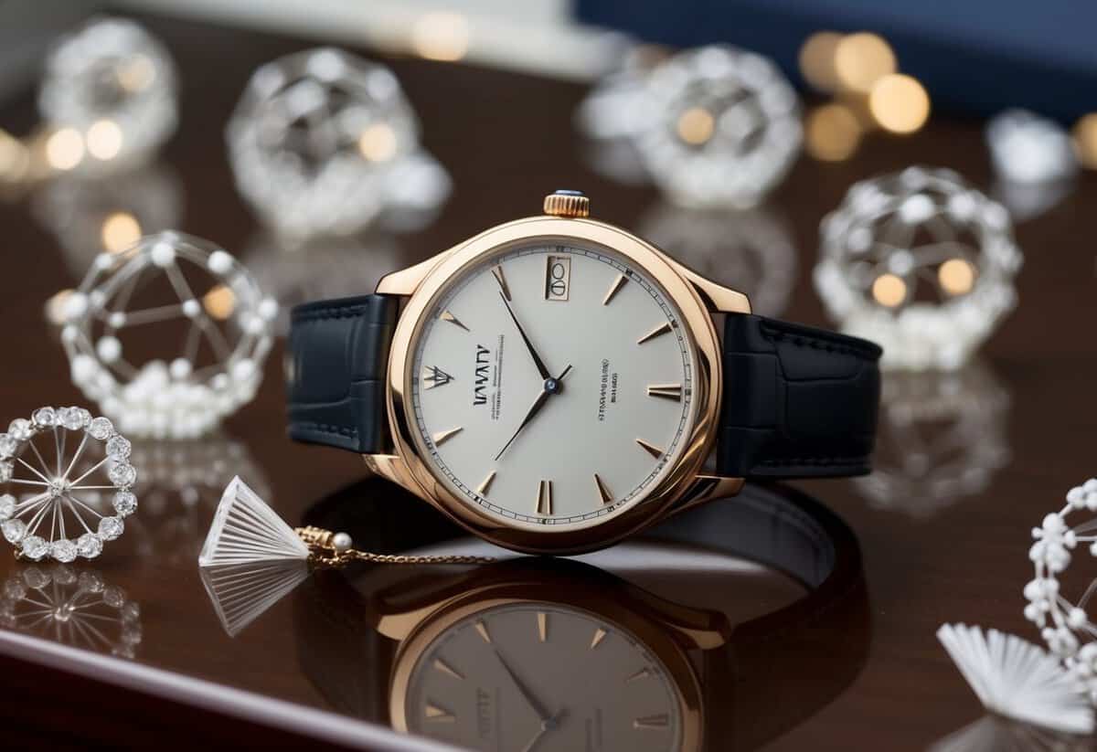 A sleek engraved watch from MVMT sits on a polished wooden surface, surrounded by delicate anniversary decorations