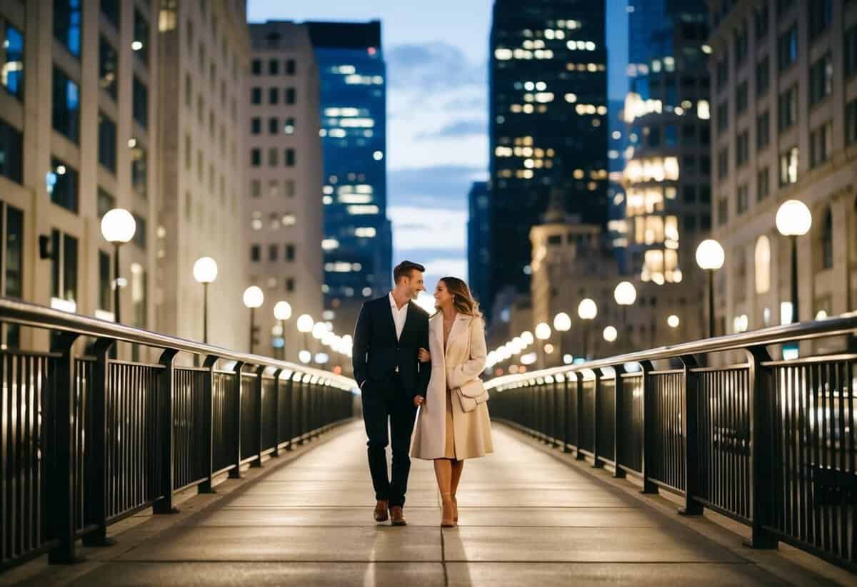 A couple strolling under city lights, surrounded by tall buildings and a hint of romance in the air