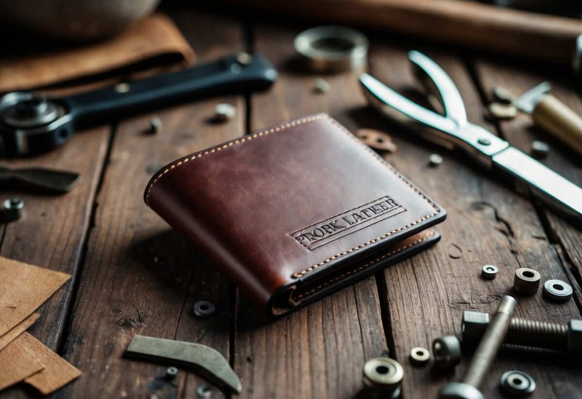 A sleek leather wallet with personalized engraving sits on a rustic wooden table, surrounded by scattered artisanal tools and materials