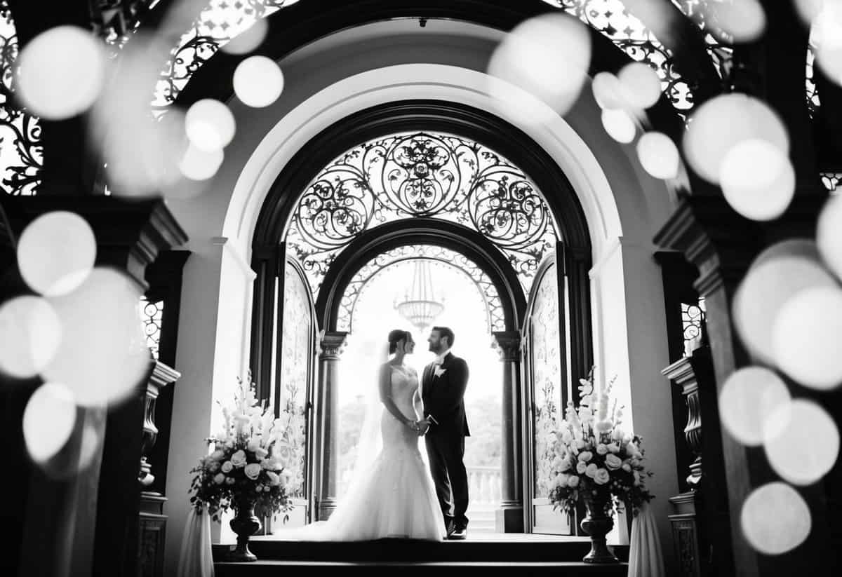 A bride and groom stand under an ornate arch, surrounded by classic black-and-white decor