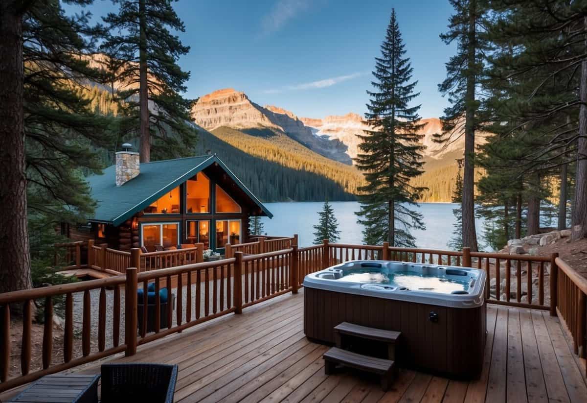 A cozy cabin nestled in the mountains, surrounded by tall pine trees and a glistening lake, with a warm fireplace and a private hot tub on the deck