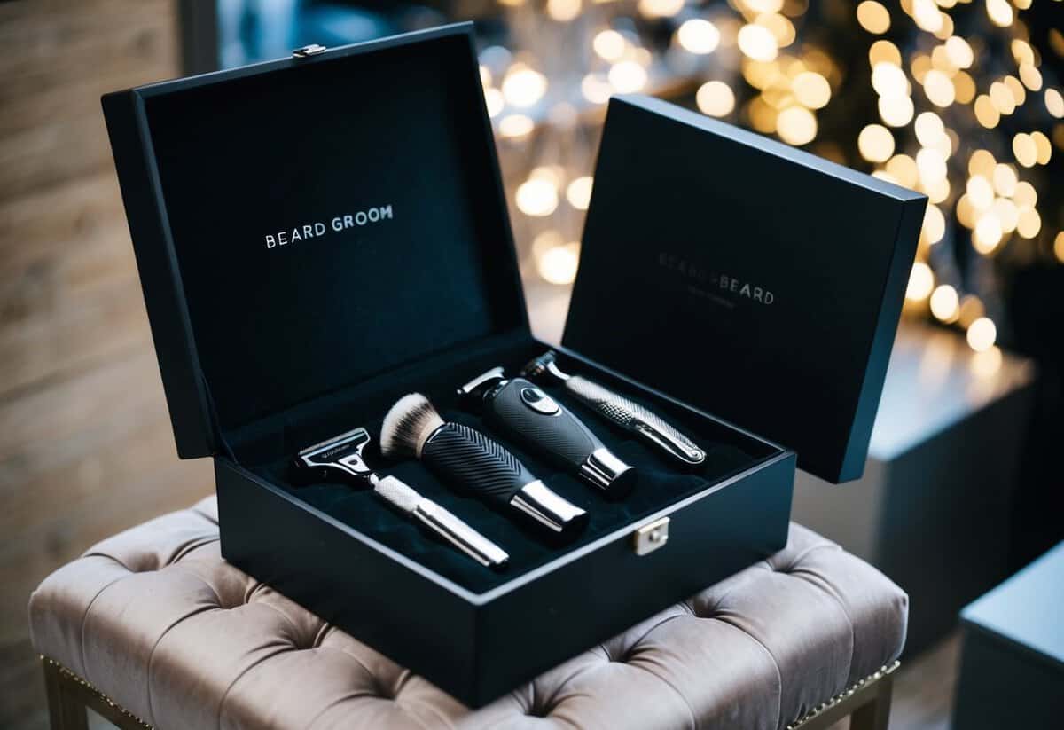 A sleek black box opens to reveal a collection of high-end beard grooming tools, nestled in a bed of plush velvet