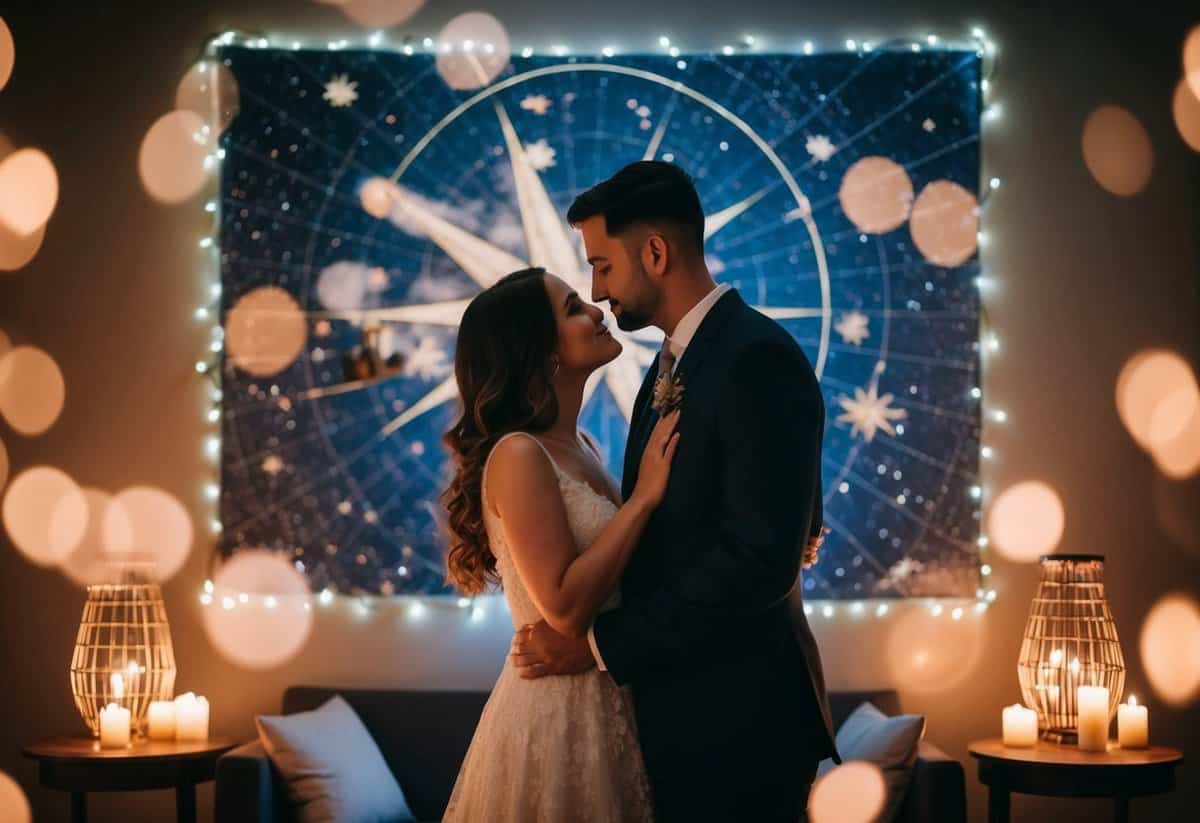 A couple admires a custom star map, surrounded by romantic ambiance