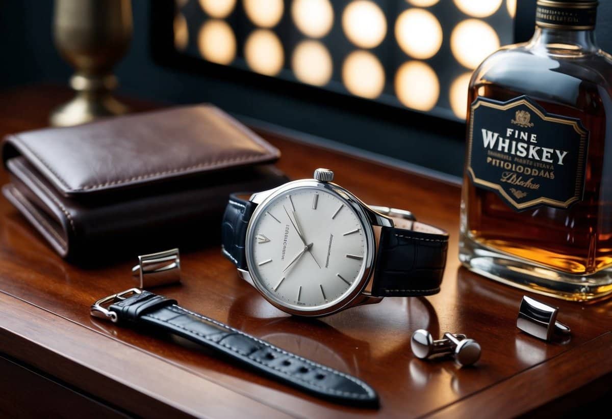 A custom-engraved watch sits on a wooden dresser, surrounded by a leather wallet, cufflinks, and a bottle of fine whiskey