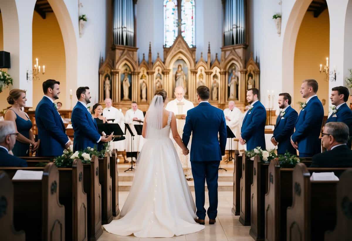 A bride and groom stand at the altar, surrounded by a choir and musicians, as the sound of music fills the ornate church