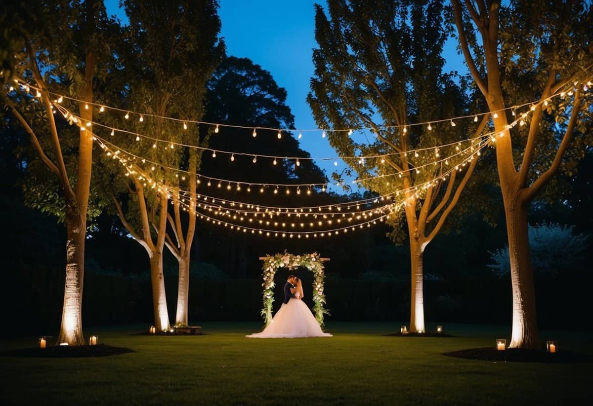 String lights draped through the branches of tall trees, casting a warm, romantic glow over a garden wedding at night