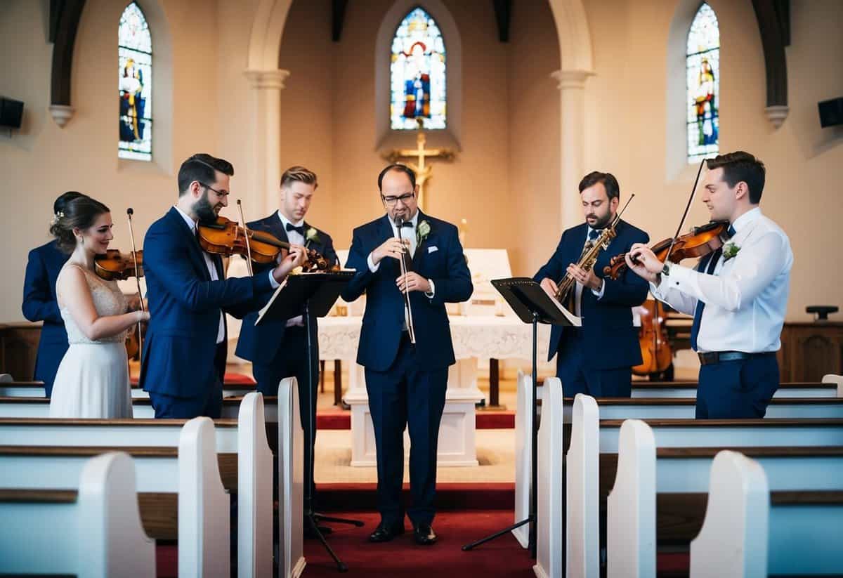 A group of musicians stand in a church, playing instruments and coordinating with each other to create beautiful wedding songs