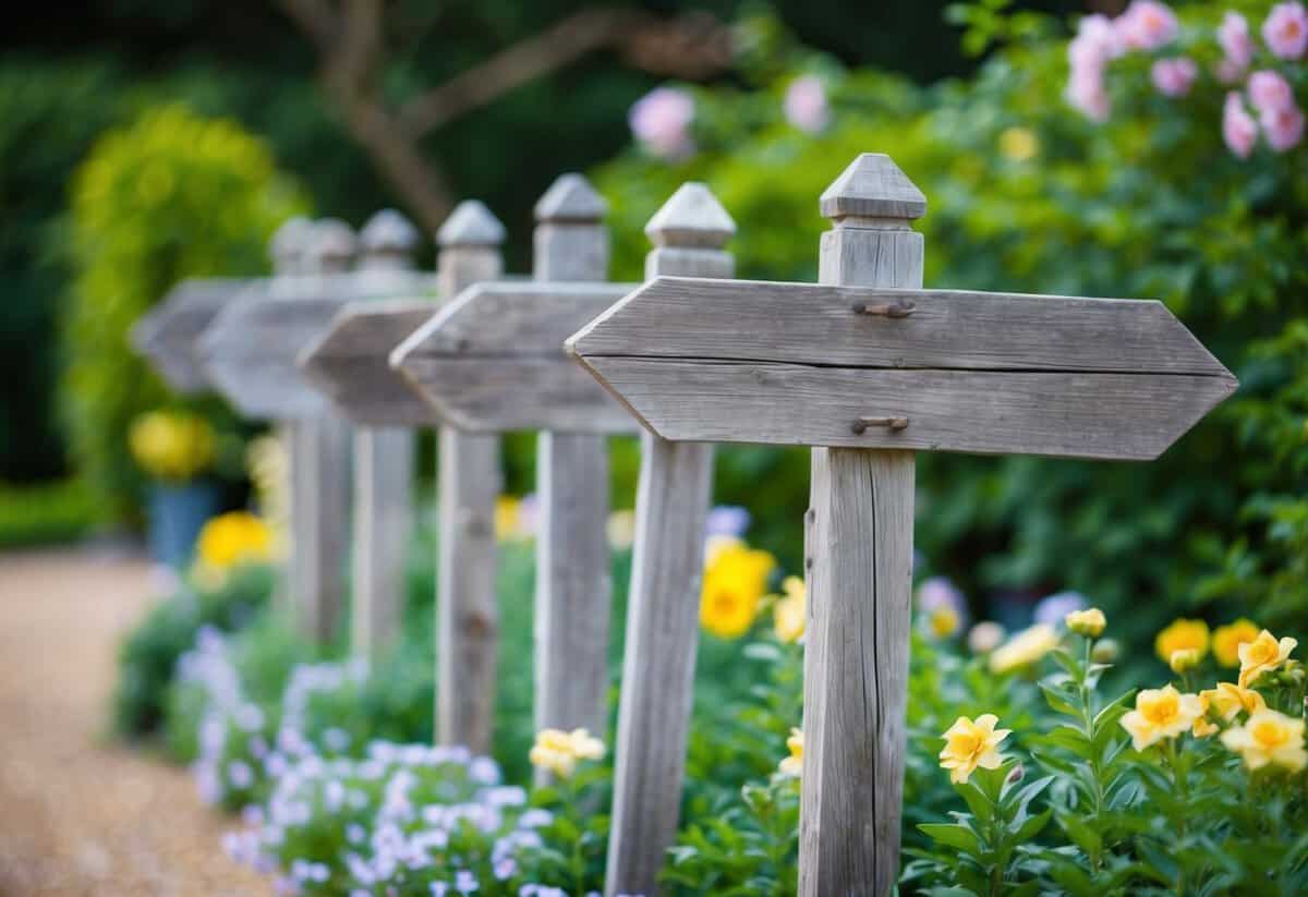 A row of rustic wooden signposts in a garden setting, surrounded by blooming flowers and greenery, with a soft, romantic ambiance