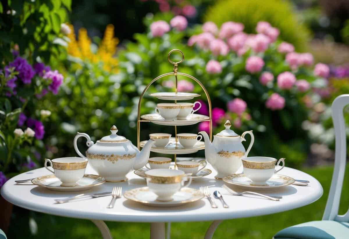 A quaint garden setting with vintage tea sets arranged on a table, surrounded by blooming flowers and lush greenery for a charming afternoon tea