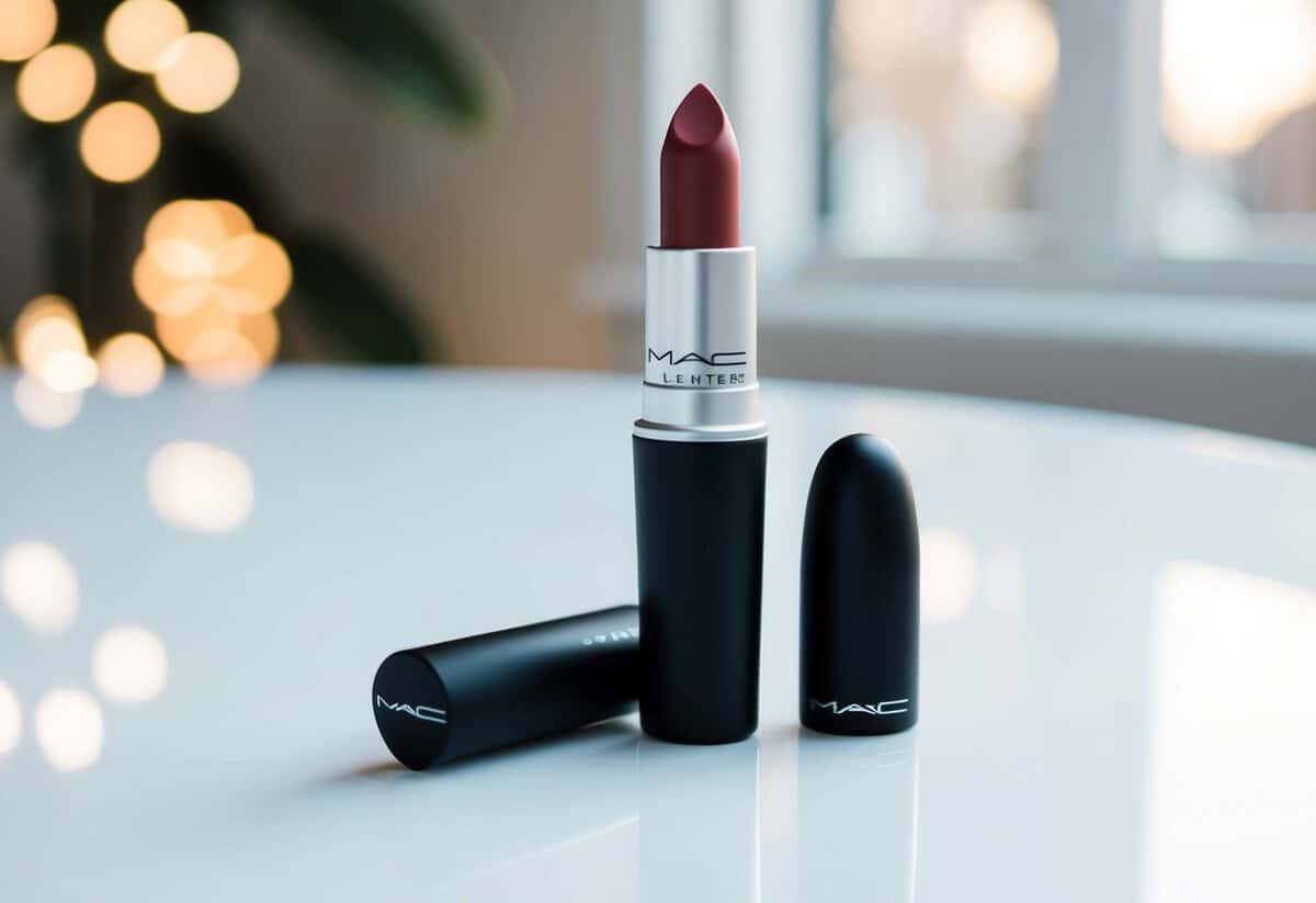 A tube of MAC Matte Lipstick in Velvet Teddy on a clean, white surface with soft natural lighting