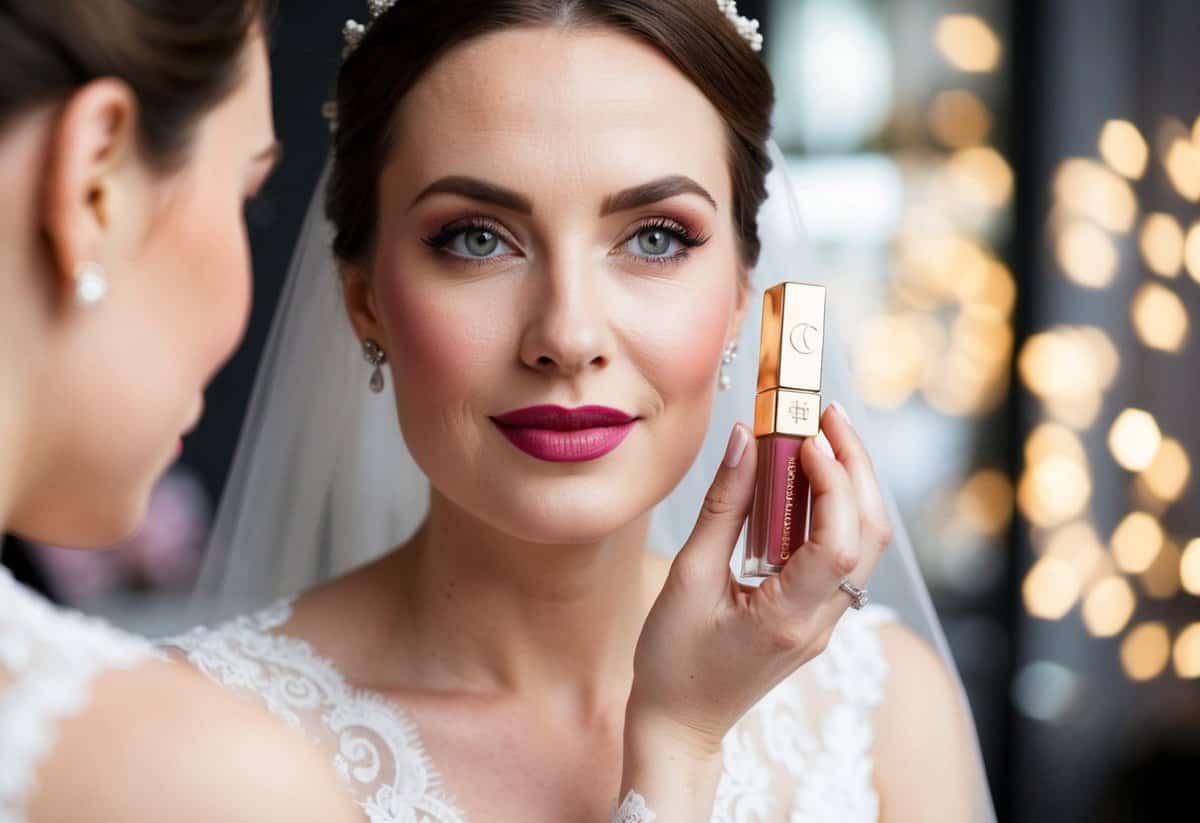 A fair-skinned bride applies Charlotte Tilbury Pillow Talk lipstick, creating a soft, romantic look for her wedding day