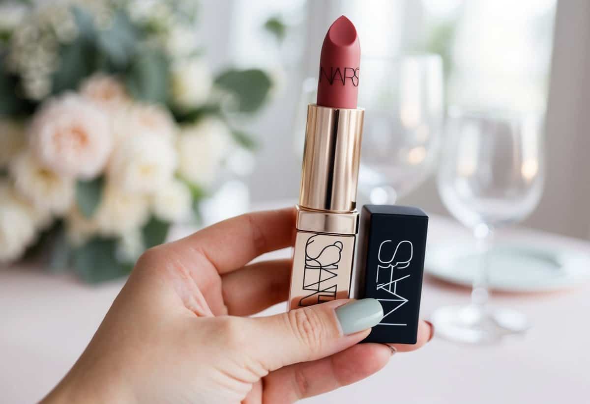 A delicate, fair-skinned hand holds a tube of NARS Audacious Lipstick in the shade Anita, with a soft, romantic wedding setting in the background