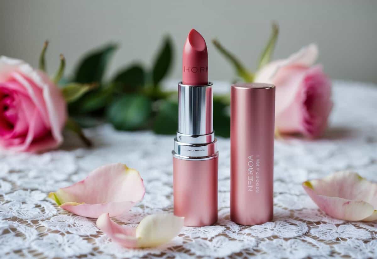 A tube of Sandwash Pink lipstick on a white lace tablecloth, surrounded by delicate pink rose petals