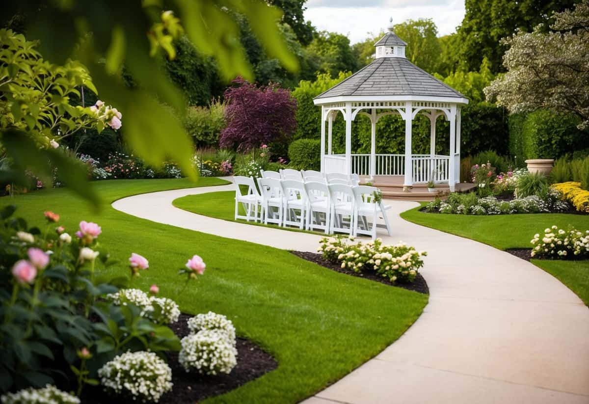 A lush garden with a winding path, blooming flowers, and a charming gazebo set up for a wedding ceremony