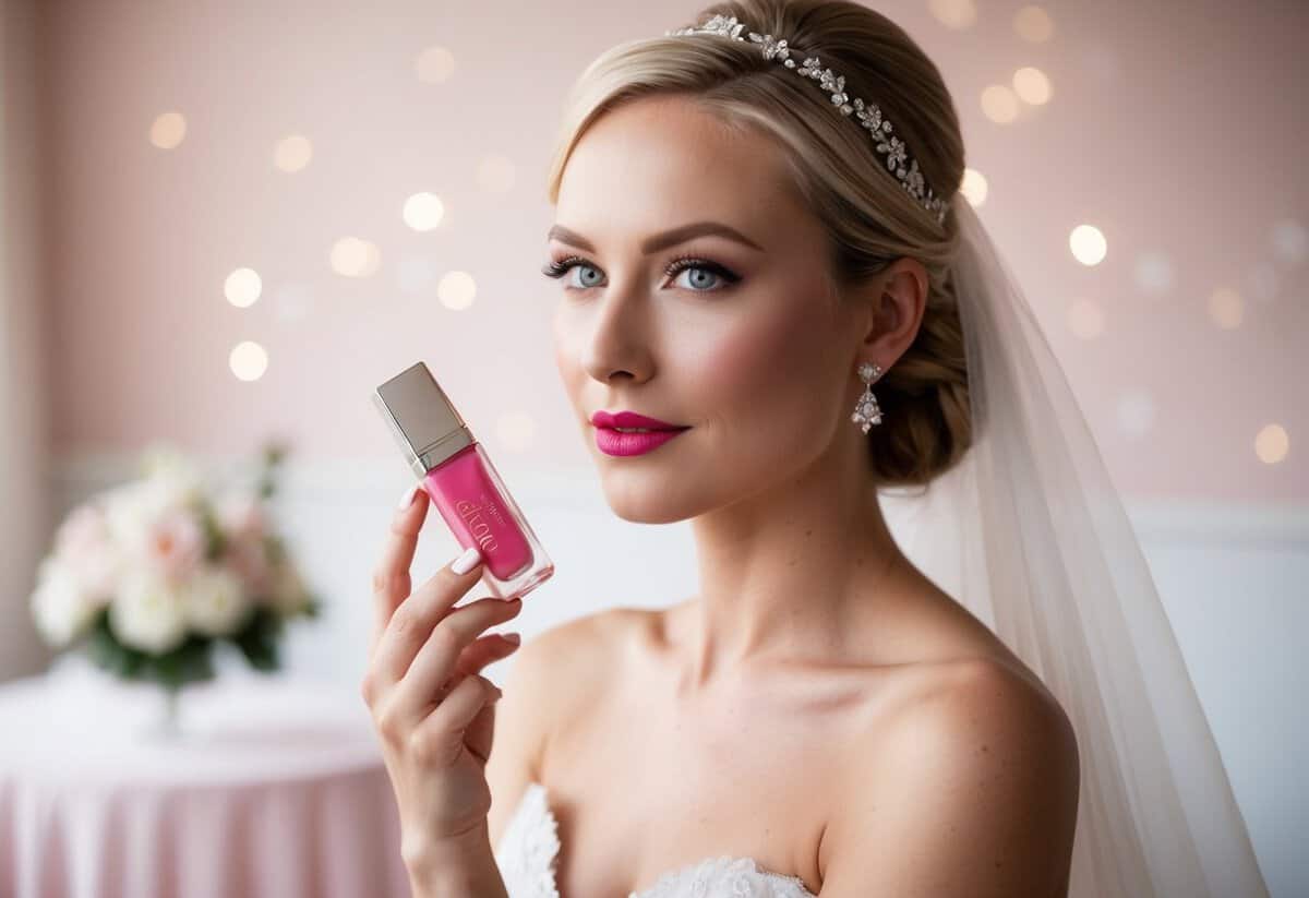 A fair-skinned bride applying Dior Addict Lip Glow in Pink, with a soft, romantic wedding setting in the background