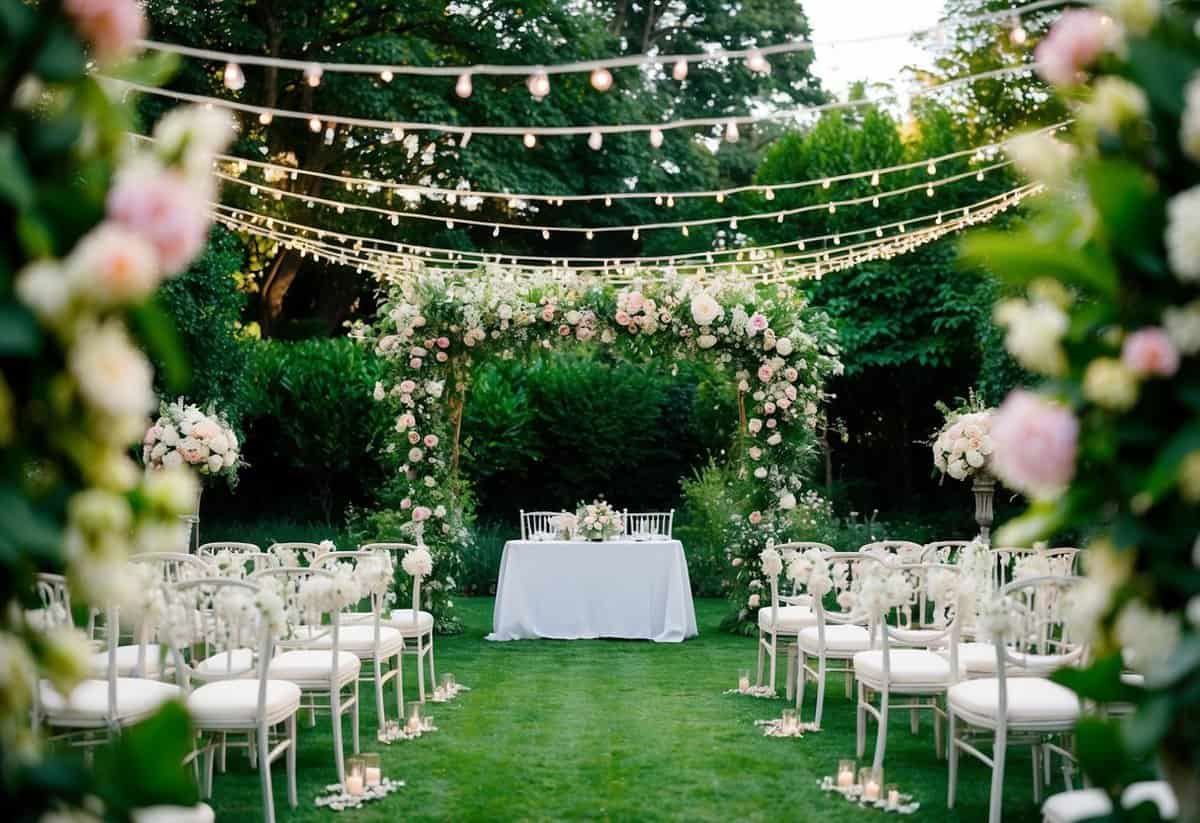 A lush garden adorned with blooming flowers, draped with delicate fairy lights, and set with elegant seating for a romantic wedding ceremony