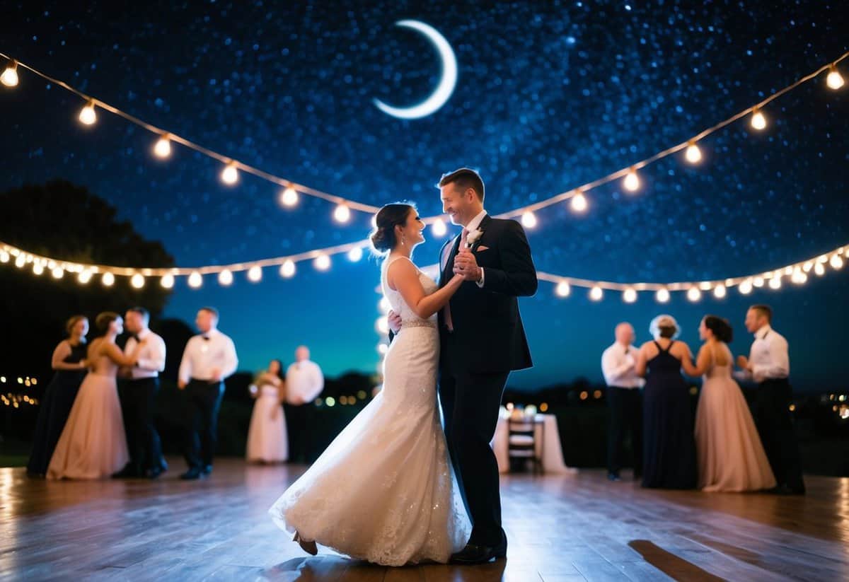 A couple dances under a starry night sky, surrounded by twinkling lights and a crescent moon