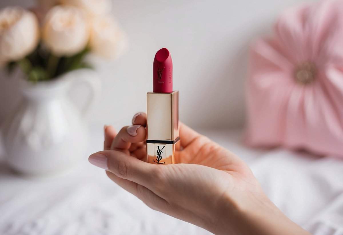 A delicate, elegant hand holding a YSL Rouge Volupte Shine lipstick in a soft, romantic setting